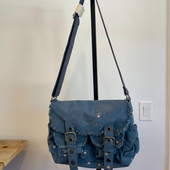 Free People SHADOWBOXER Blue Canvas Messenger Bag Bleach Splash  $98 - Picture 5 of 10